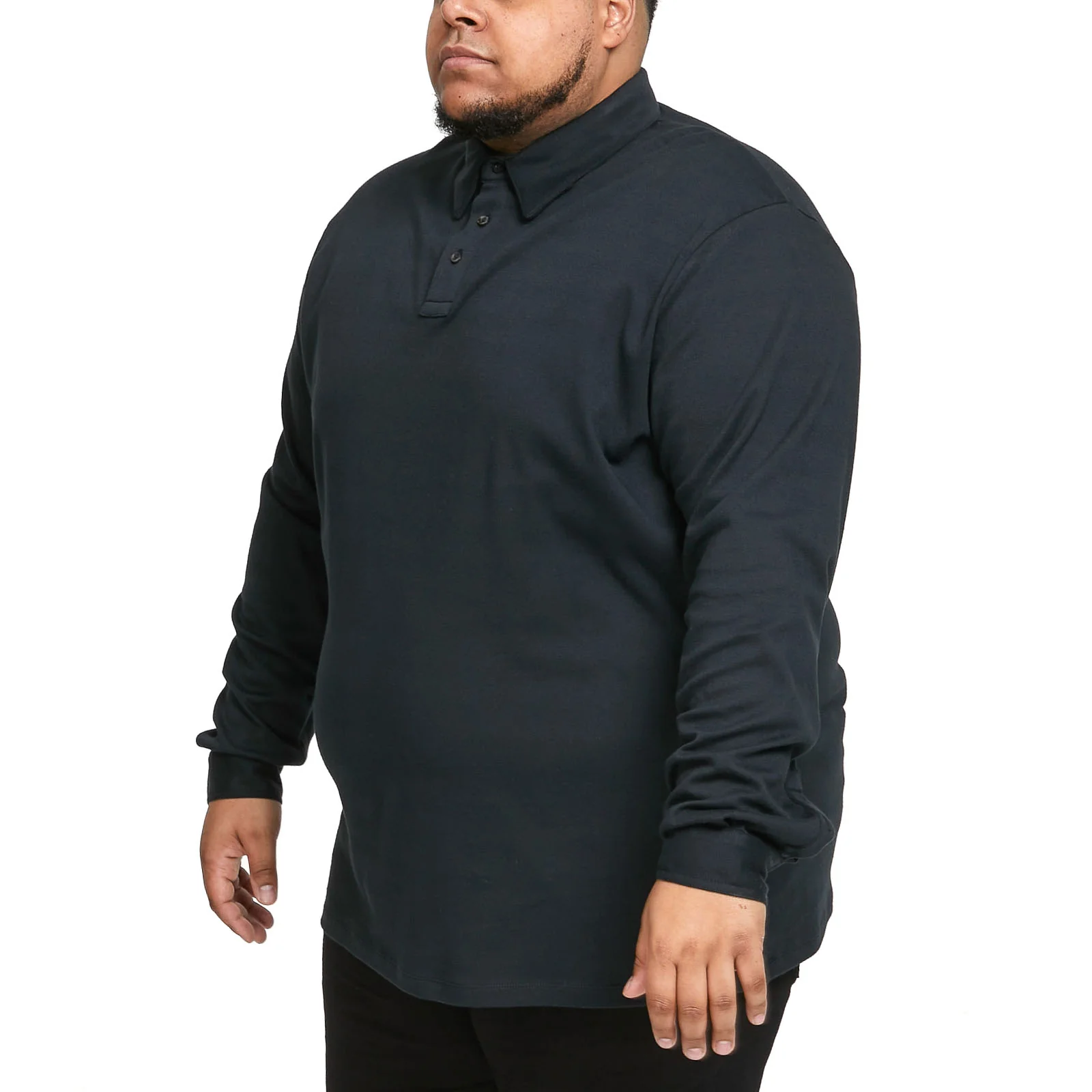 D555 Mens Preston Big & Tall Long Sleeve Button Down Collar Jersey Polo - Black - Image 3