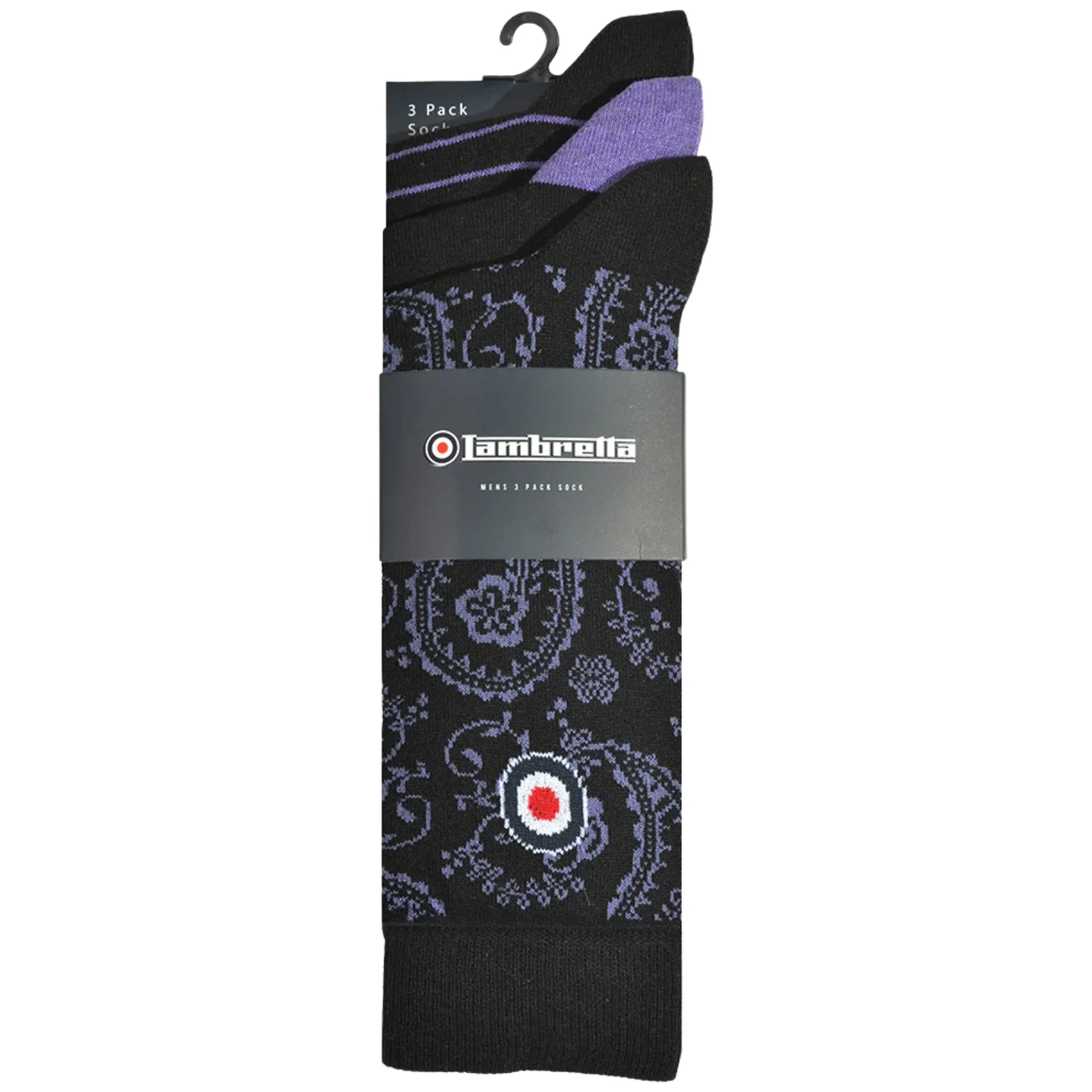 Lambretta Mens 3 Pack Paisley & Plain Crew Socks - Black/Wine - OS - Image 2
