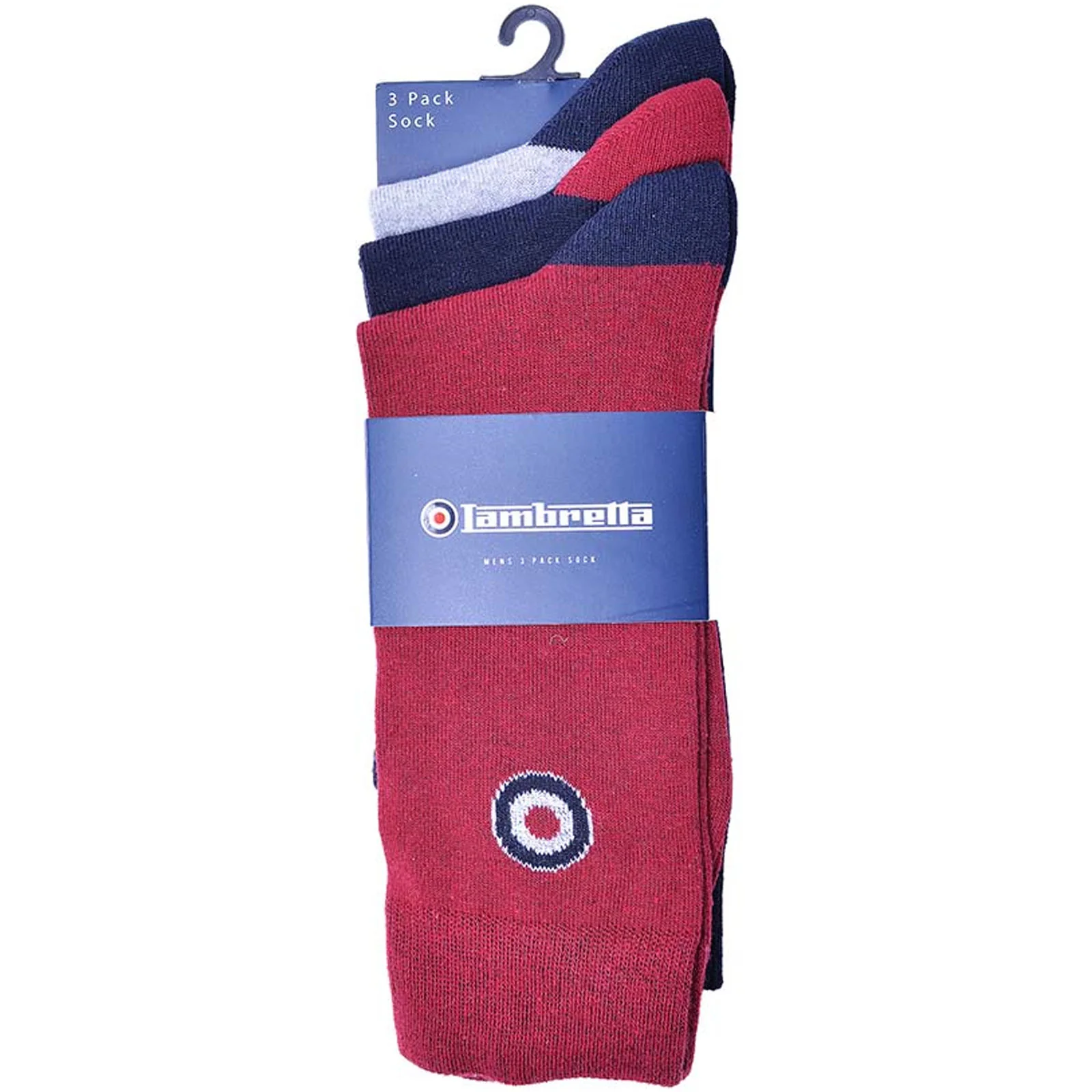 Lambretta Mens 3 Pack Target Patterned Crew Length Socks - Red/Navy/Grey 6-11 UK - Image 2