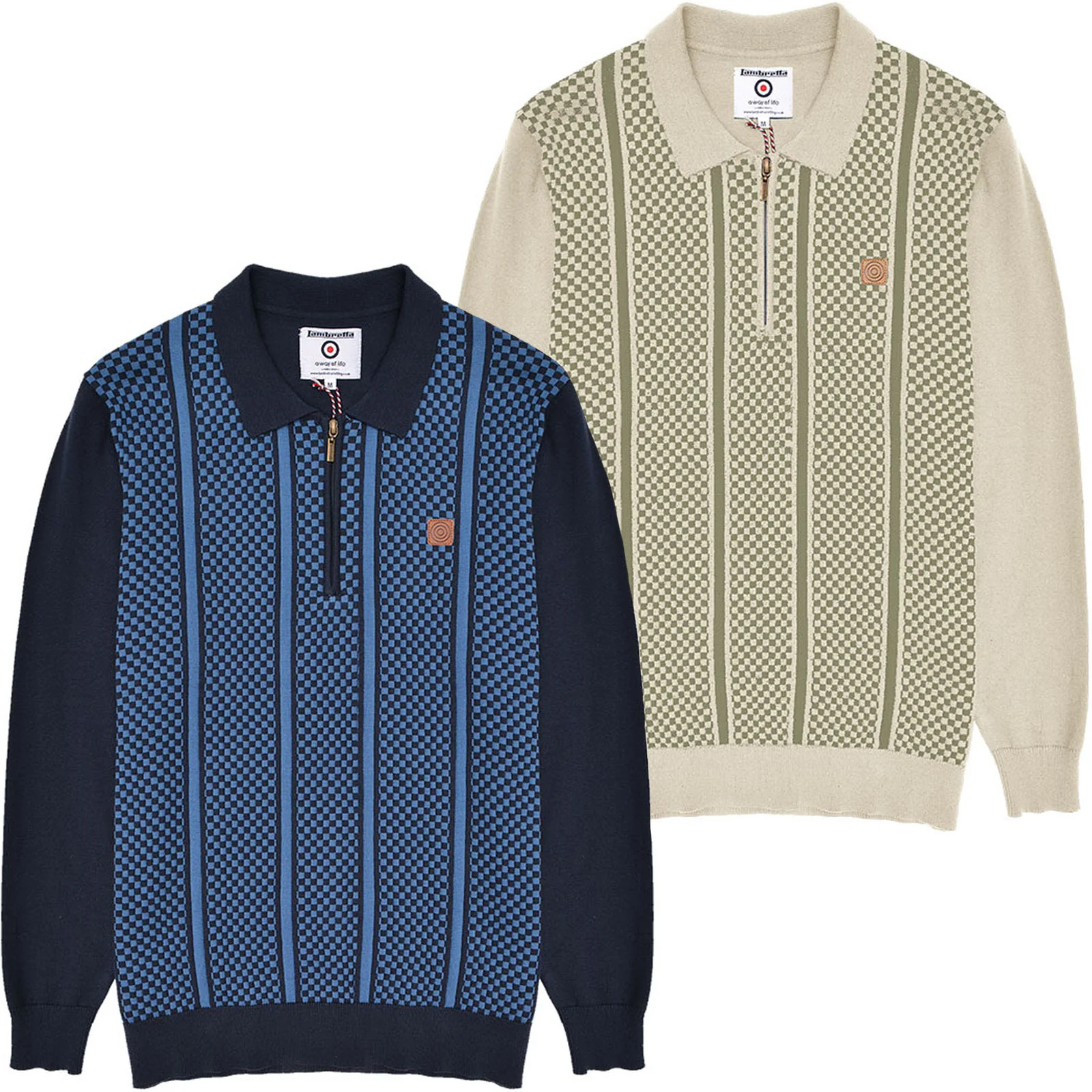 Lambretta Mens Check Quarter Zip Knitted Polo Jumper