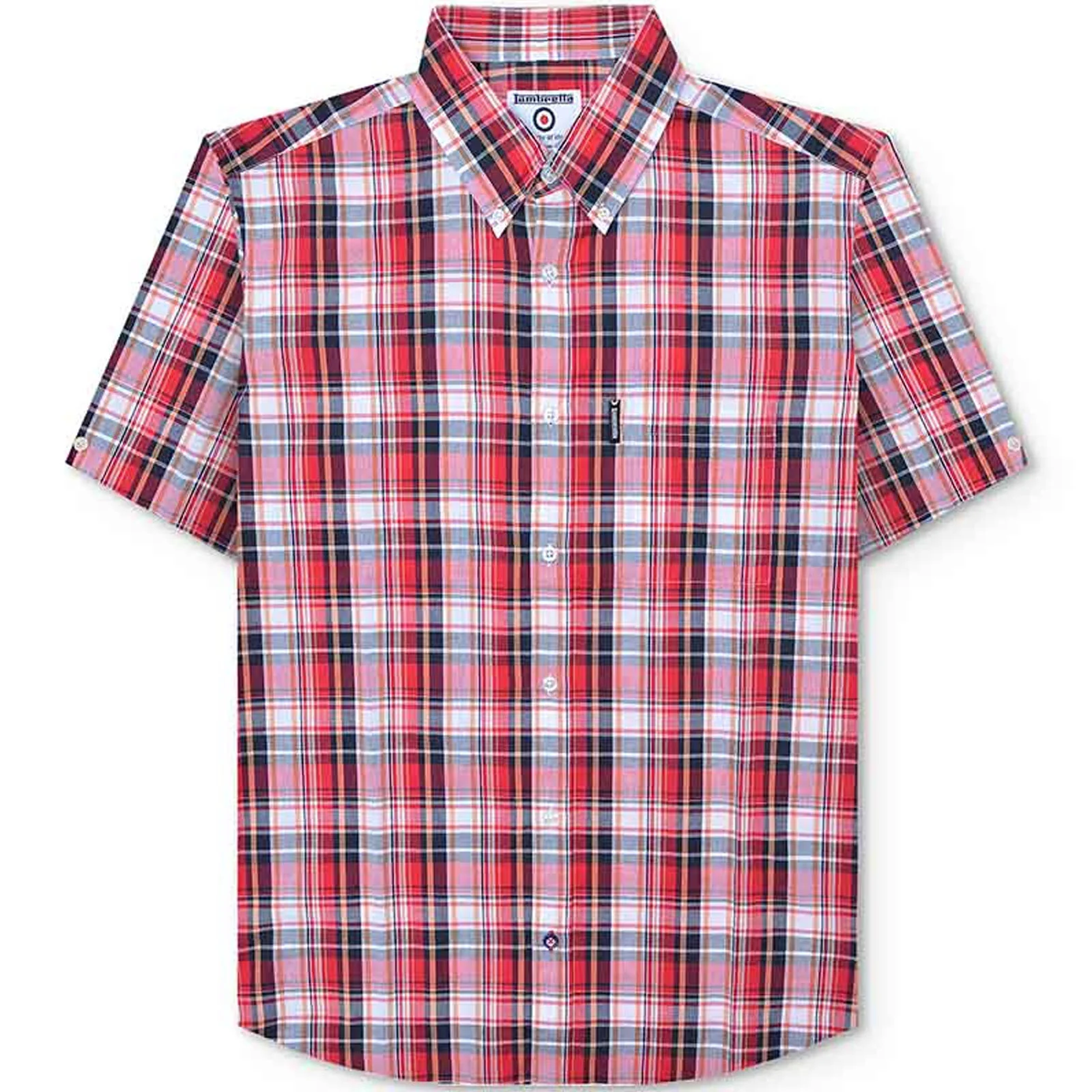 Lambretta Mens Multi Check Short Sleeve Button Down Collar Shirt - Red/White