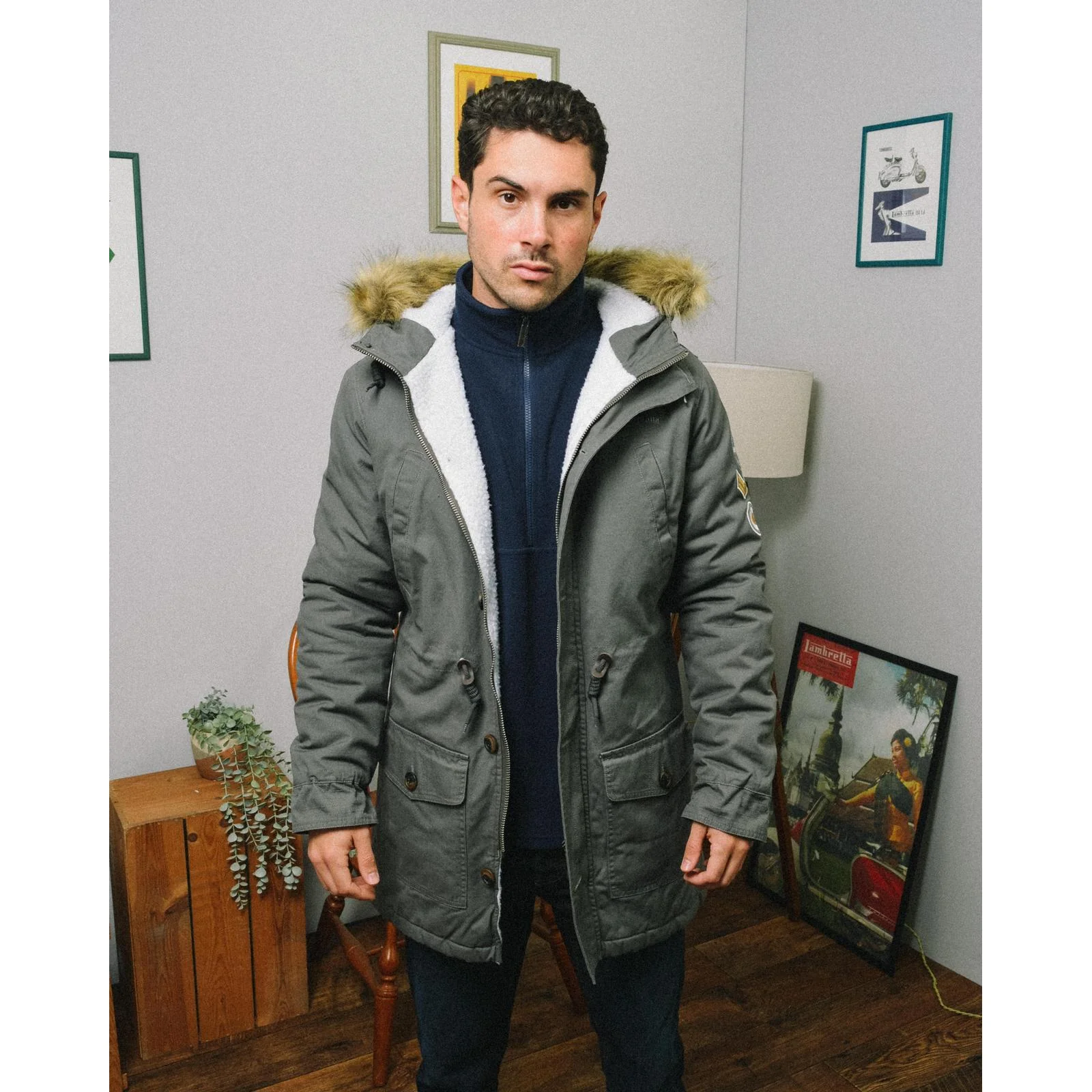 Lambretta Sherpa Lined Faux Fur Hooded Parka Jacket - Granite - Image 6
